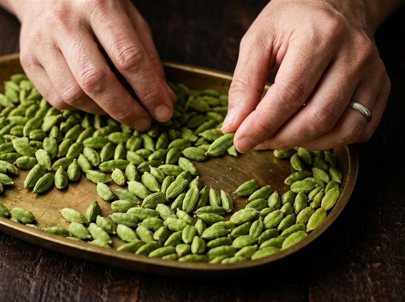Expert manual sorting and inspection of graded 8mm bold green cardamom
