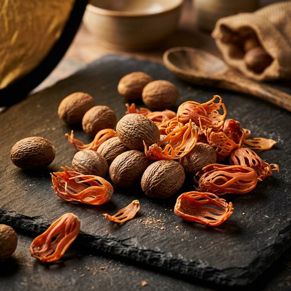 Whole brown Kerala nutmeg seeds together with vibrant dried crimson mace blades